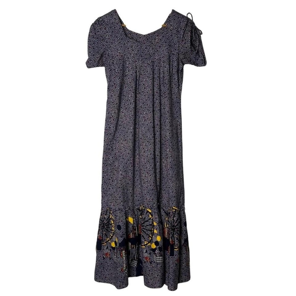 Vintage Maxi Dress Size M Cottagecore Ferris Wheel Print Short Sleeve Long Dress
